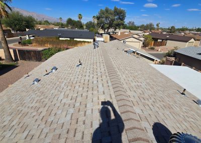 View from the peak of a shingled residential roof in a suburban neighborhood, with houses, trees, palm trees, and mountains in the background under a clear blue sky. A person's shadow is visible on the roof.
