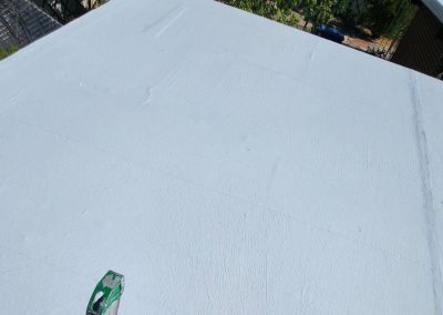 A person uses a green paint roller to apply a white coating on a flat rooftop, creating a smooth, reflective surface. Trees and part of a fence are visible in the background.