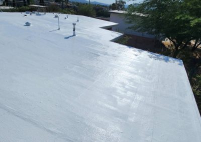 A flat white roof with several vents and pipes, reflecting sunlight. Trees and another building are visible in the background. The surface appears freshly coated.