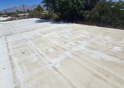 A flat, white rooftop with visible seams and some dirt marks under a clear blue sky, surrounded by trees and mountains in the background.